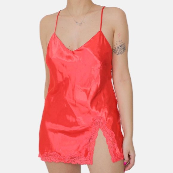 CORAL ORANGE LINGERIE NIGHTGOWN w/ LACE TRIM - Picture 1 of 4